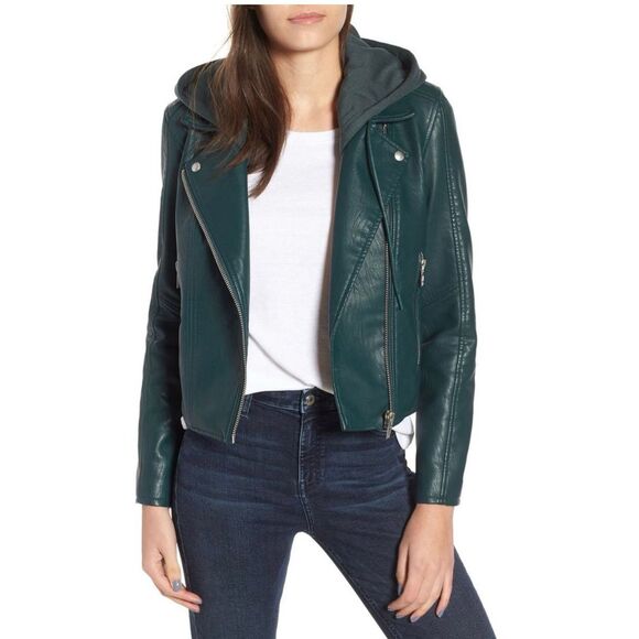BLANKNYC Meant to Be Moto Jacket with Removable Hood in Forest Green - Picture 1 of 5
